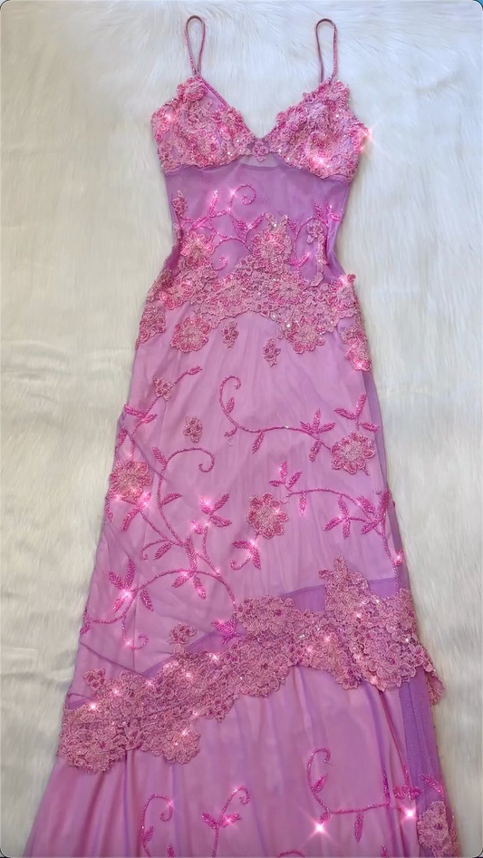 Beautiful A Line Spaghetti Straps Pink Long Prom Dresses Backless Tulle Evening Gowns P2315
