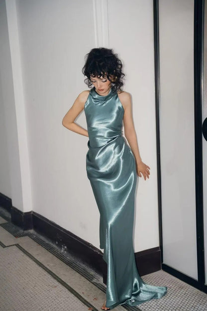 Robe de soirée longue satinée turquoise élégante, coupe ajustée, col montant licou, robe de bal, robe de demoiselle d'honneur P4099