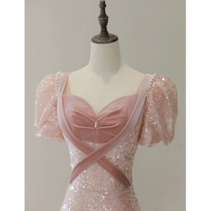 Prinzessin A-Linie Rosa Kurzarm Pailletten Langes Ballkleid P1007