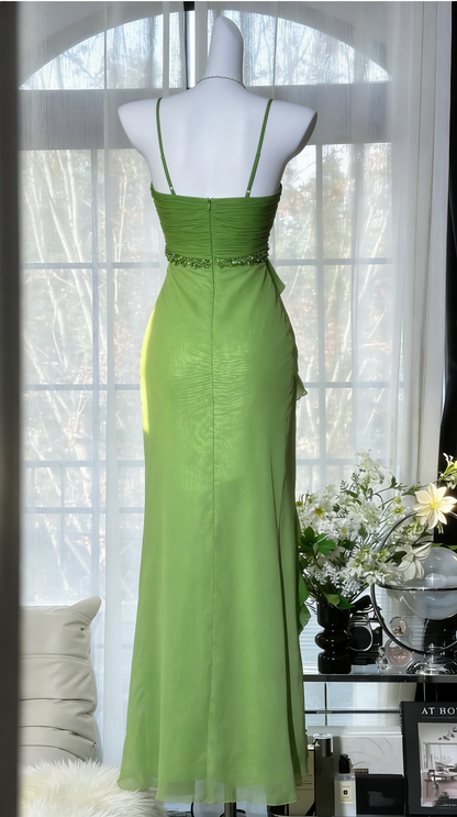 Frisches grünes Spaghetti-Träger-Kleid aus Chiffon mit gestuften Rüschen, langes Abschlussballkleid, Abendkleid P4818