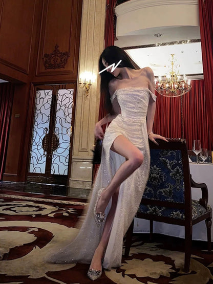 Robe de bal sirène à paillettes et épaules dénudées avec fente, longueur ras du sol, tenue pour 21e anniversaire P1376