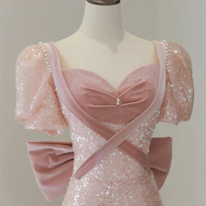 Prinzessin A-Linie Rosa Kurzarm Pailletten Langes Ballkleid P1007