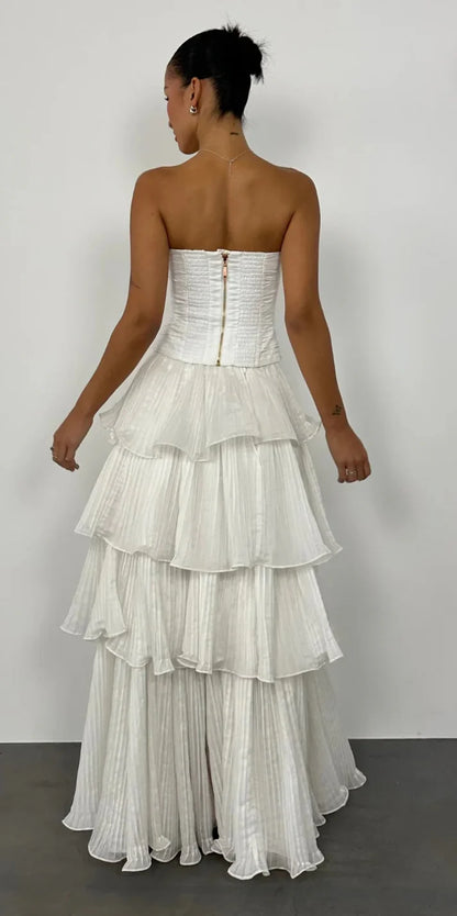 Elegant Ball Gown 2 Pieces Long White Tiered Prom Dress 21th Birthday Outfits P2144