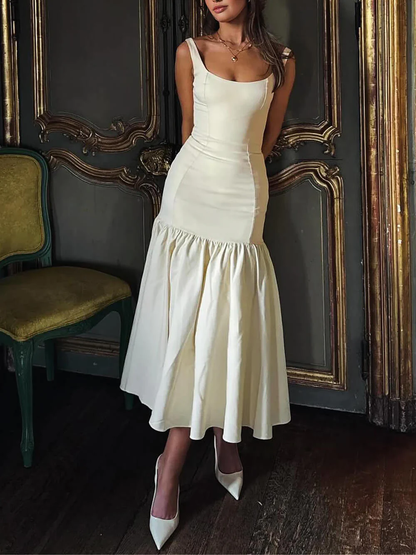 Robe de Soirée de Bal Longue Sirène Vintage à Volants Blancs Col Carré Robes Formelles P2476