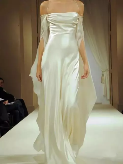 Vintage A line Strapless Long Sleeves White Silk Satin Backless Weddin – PreppyDress
