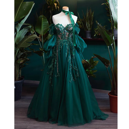 Robes de bal vintage en tulle vert foncé à lacets avec applications ligne A P1297