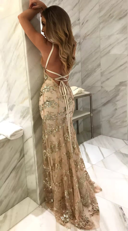 Mermaid Sexy Prom Dress Vintage Backless Lace Prom Dress,Gold Sequin Prom Dress P1065