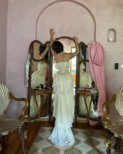 Robes de bal longues en mousseline de soie blanches bustier coupe A vintage P1771
