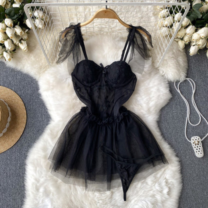 Sexy Spaghetti-Träger Spitze Kurzes Kleid Sommer Frauen Urlaubskleid P247
