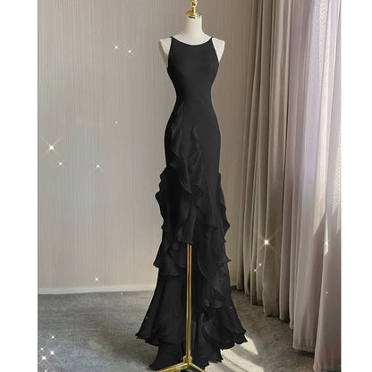 Einfaches Meerjungfrau-Abendkleid mit Rüschen, Spaghettiträgern, rückenfreies Ballkleid für das Date P1847