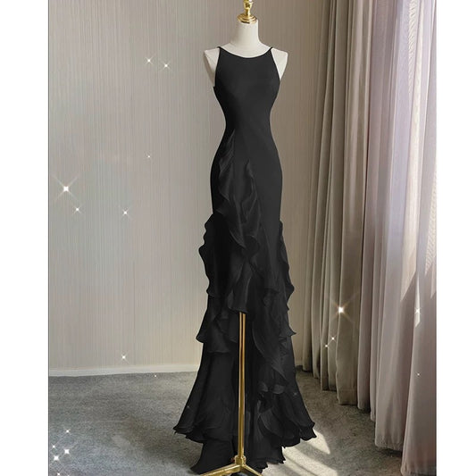 Simple Mermaid Prom Gown With Ruffles Spaghetti Straps Backless Prom Dress For Date P1847