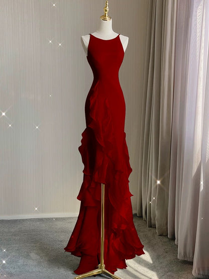 Einfaches Meerjungfrau-Abendkleid mit Rüschen, Spaghettiträgern, rückenfreies Ballkleid für das Date P1847