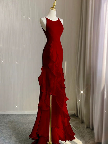 Einfaches Meerjungfrau-Abendkleid mit Rüschen, Spaghettiträgern, rückenfreies Ballkleid für das Date P1847