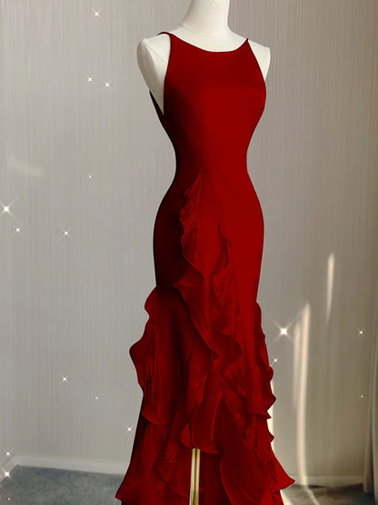Einfaches Meerjungfrau-Abendkleid mit Rüschen, Spaghettiträgern, rückenfreies Ballkleid für das Date P1847