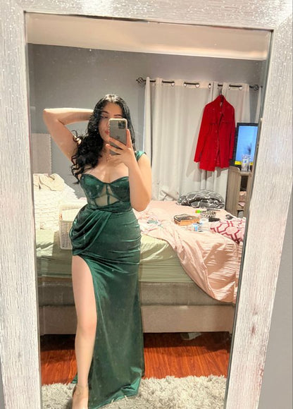 Sexy Meerjungfrau dunkelgrünes Samt-Abendkleid mit langem Schlitz P1034