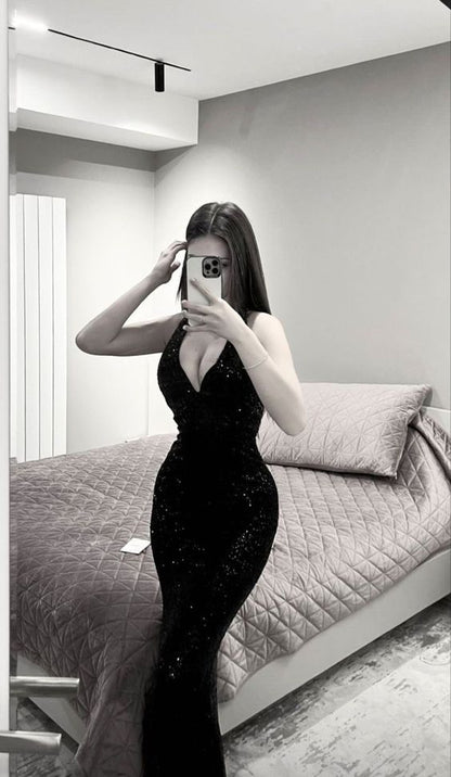 Sexy Meerjungfrau Schwarz Pailletten Langes rückenfreies Ballkleid P1047