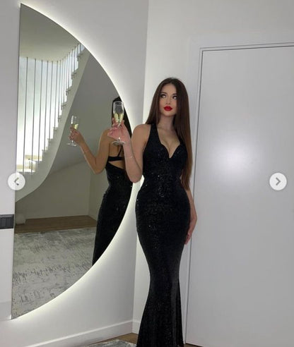 Sexy Meerjungfrau Schwarz Pailletten Langes rückenfreies Ballkleid P1047