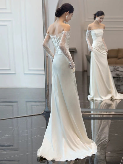 Robes de mariée sirène vintage sans bretelles à manches longues blanches P1062