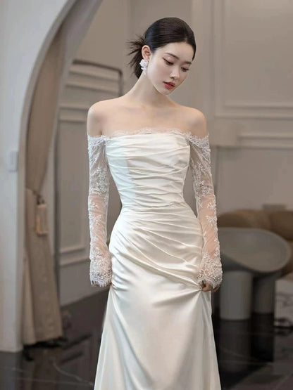 Robes de mariée sirène vintage sans bretelles à manches longues blanches P1062