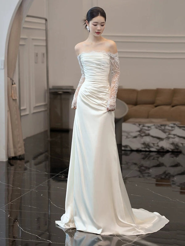 Mermaid Strapless Long Simple Off-White Bridesmaid Dresses WIht Train, BD1094