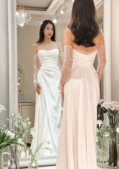 Robes de mariée sirène vintage sans bretelles à manches longues blanches P1062