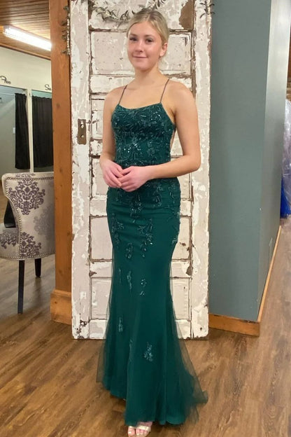 Robe de bal longue en dentelle verte sirène sans dos Robe de soirée formelle en dentelle verte P1064