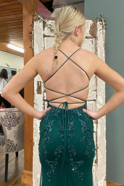 Robe de bal longue en dentelle verte sirène sans dos Robe de soirée formelle en dentelle verte P1064