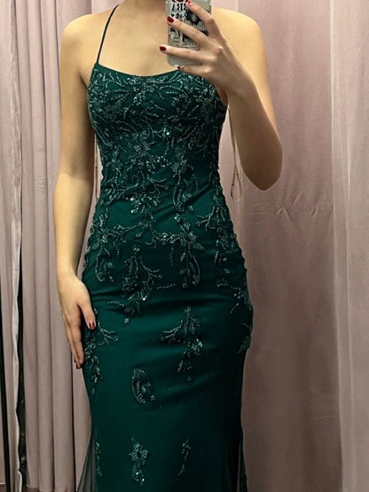 Robe de bal longue en dentelle verte sirène sans dos Robe de soirée formelle en dentelle verte P1064