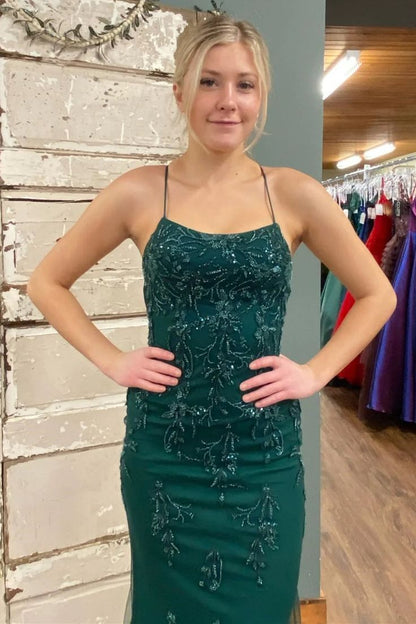 Robe de bal longue en dentelle verte sirène sans dos Robe de soirée formelle en dentelle verte P1064