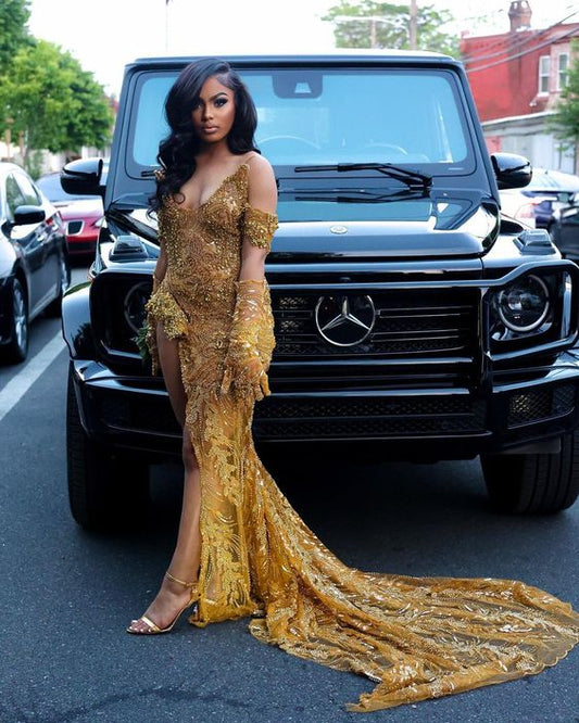 Mermaid Gold Sequin Long Black Girl Prom Dress Slit Formal Dress P1066