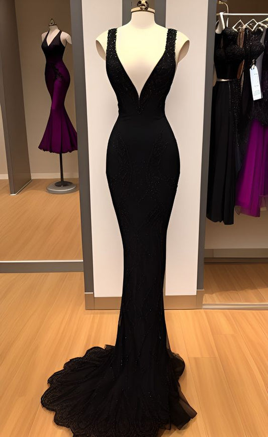Sexy Mermaid Sequin Long Black Lace Prom Dress Formal Dress P1068