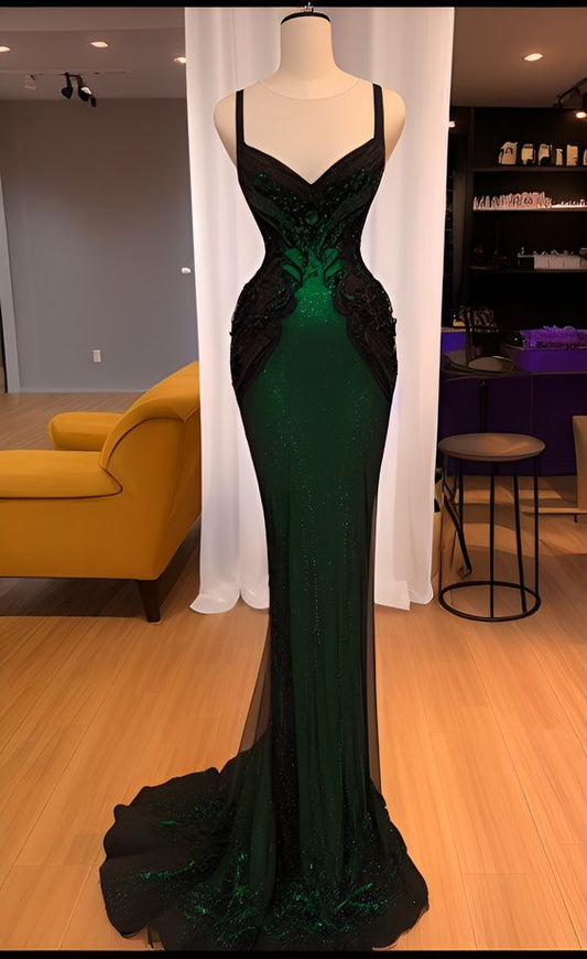 Sexy Mermaid Sequin Long Dark Green Lace Prom Dress Formal Dress P1069