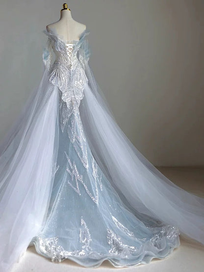 Robes de mariée longues sirène vintage à manches longues et paillettes blanches P1073