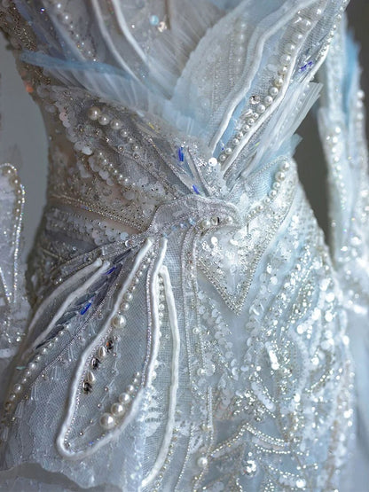 Robes de mariée longues sirène vintage à manches longues et paillettes blanches P1073