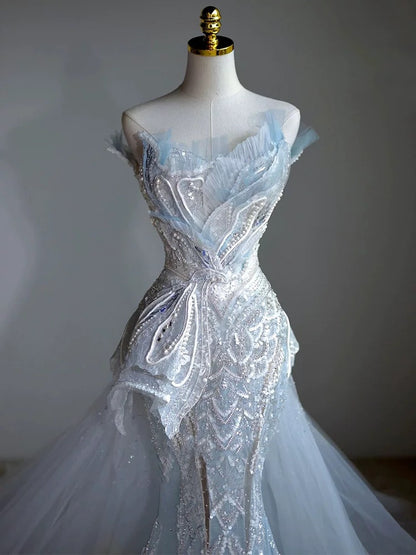 Robes de mariée longues sirène vintage à manches longues et paillettes blanches P1073