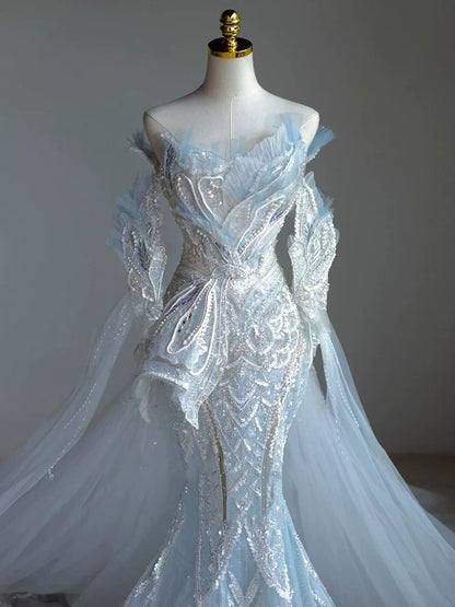 Robes de mariée longues sirène vintage à manches longues et paillettes blanches P1073