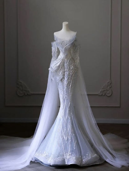 Robes de mariée longues sirène vintage à manches longues et paillettes blanches P1073