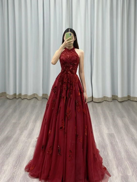 Burgundy Prom Dresses A line Halter Tulle Evening Dresses P1080