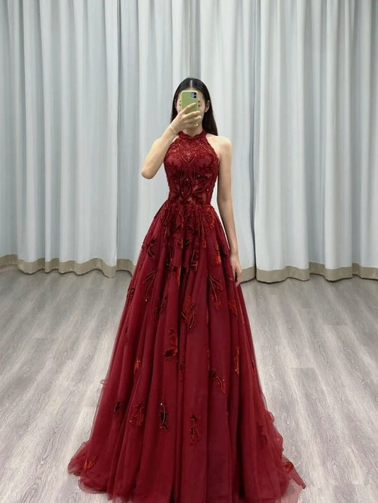 Burgundy Prom Dresses A line Halter Tulle Evening Dresses P1080