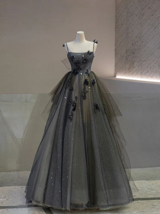 Ball Gown Straps Gray Tulle Long Prom Dress Evening Dresses P1082