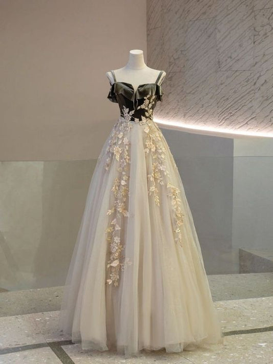 A line Straps Tulle Long Prom Dress Evening Dresses P1083