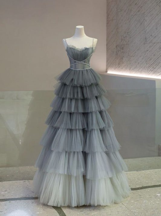 Ball Gown Strapless Tulle Long Gray Prom Dress Evening Dresses P1085