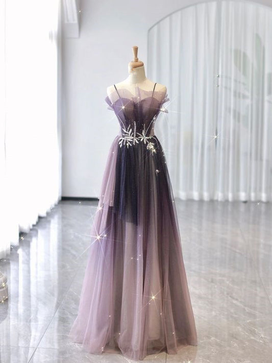 A line Straps Tulle Long Prom Dress Evening Dresses P1086
