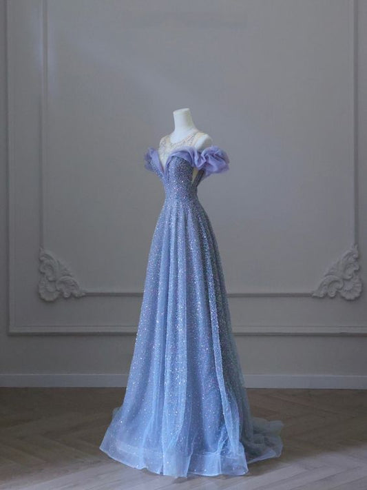 A line Off The Shoulder Blue Long Prom Dress Evening Dresses P1087