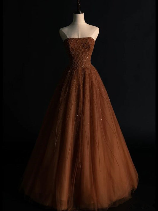 Ball Gown Strapless Tulle Long Prom Dress Evening Dresses P1088