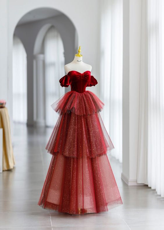 Ball Gown Strapless Tulle Long Red Prom Dress Evening Dresses P1089