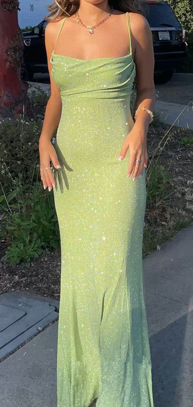 Spaghetti Straps Sparkly Long Prom Dresses Mermaid Prom Dress P1098