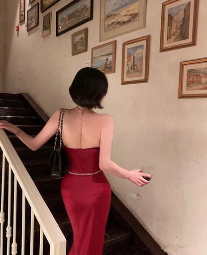 Elegante Etuikleid-Träger Rot Ballkleider Langes Abendkleid P1111