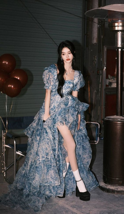 elegant dresses for kids Elegant Floral Chiffon Spaghetti Straps V-neck Long Graduation Prom Dresses  With Slit