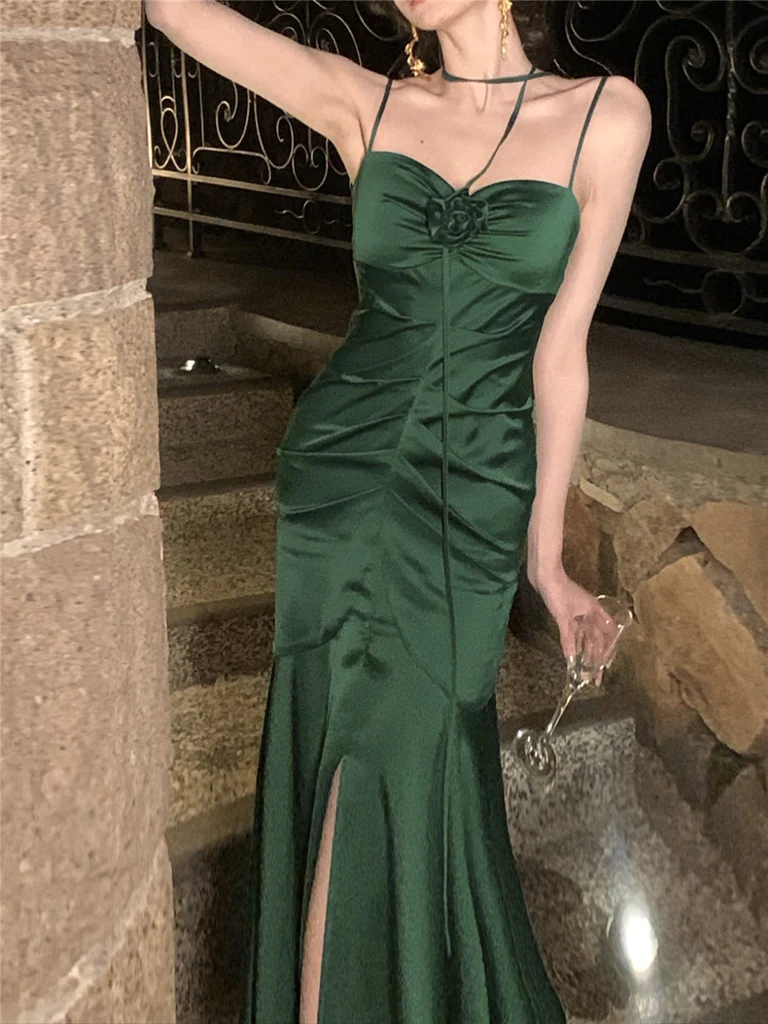 Sophisticated Olive Green Satin Prom Dress
